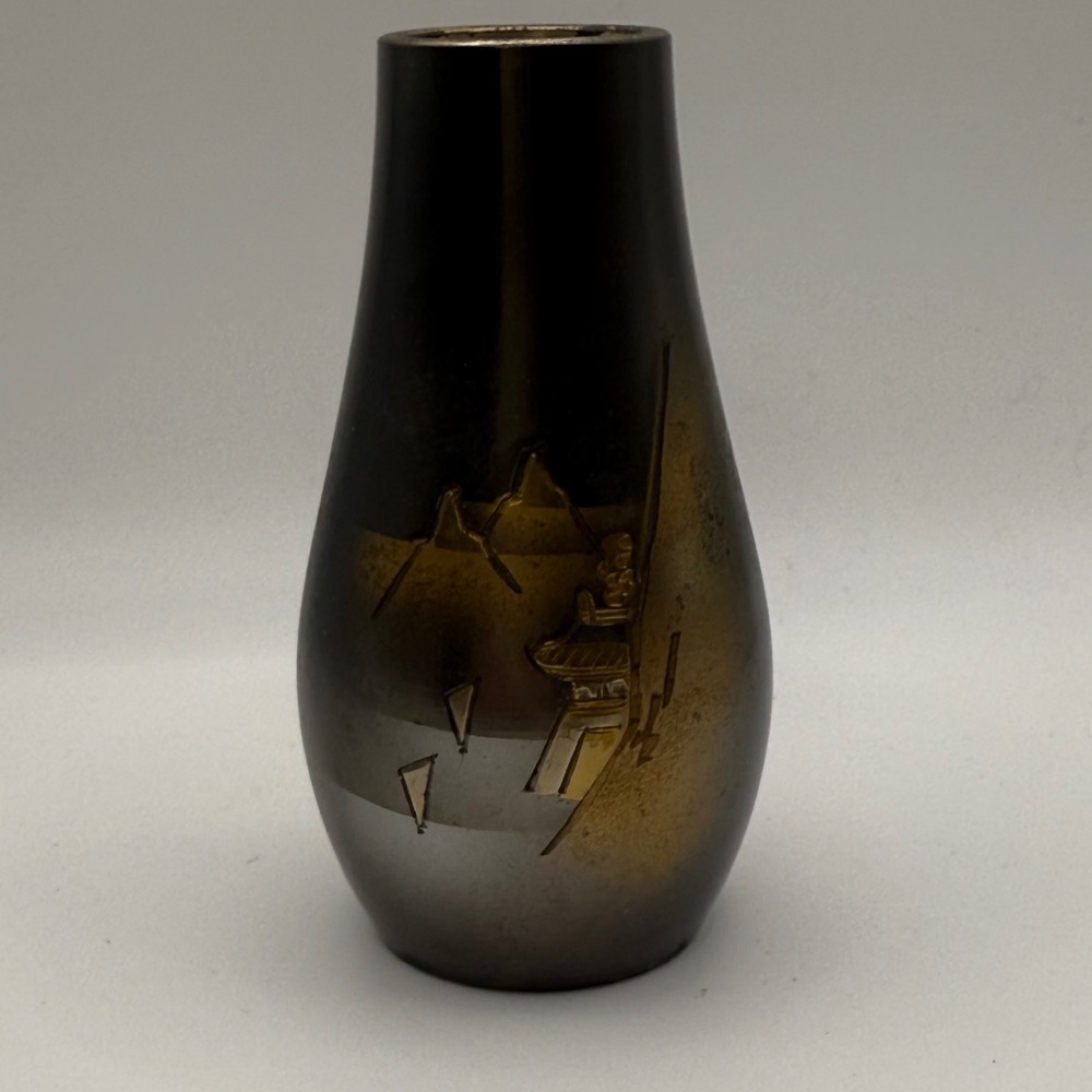 Fine Arts Japan Vase Etched Pagoda Mountain Scene Bronze Bud Vase 3.5" Tall